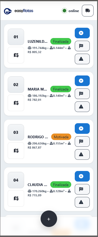 Paradas e sequência de entregas